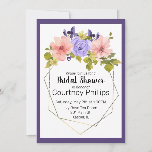 Watercolor Muted Flower Geometric Gold Frame Invitation (Front)