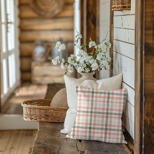 Watercolor Muted Peach, Green and Cream Plaid Cushion