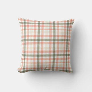 Watercolor Muted Peach, Green and Cream Plaid Cushion