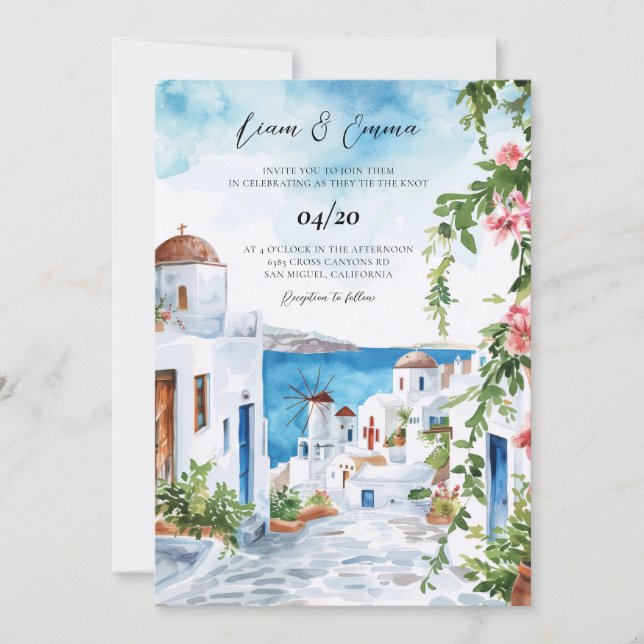 Watercolor Mykonos Seaside Wedding Invit Invitation (Front)