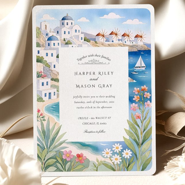 Watercolor Mykonos Seaside Windmills Wedding Invitation (Creator Uploaded)
