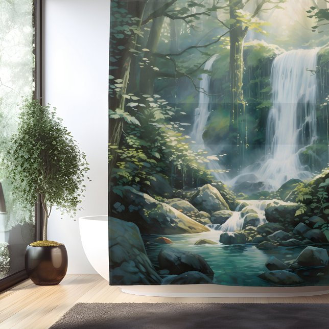 Watercolor Mystic Forest Waterfall Shower Curtain (Creator Uploaded)