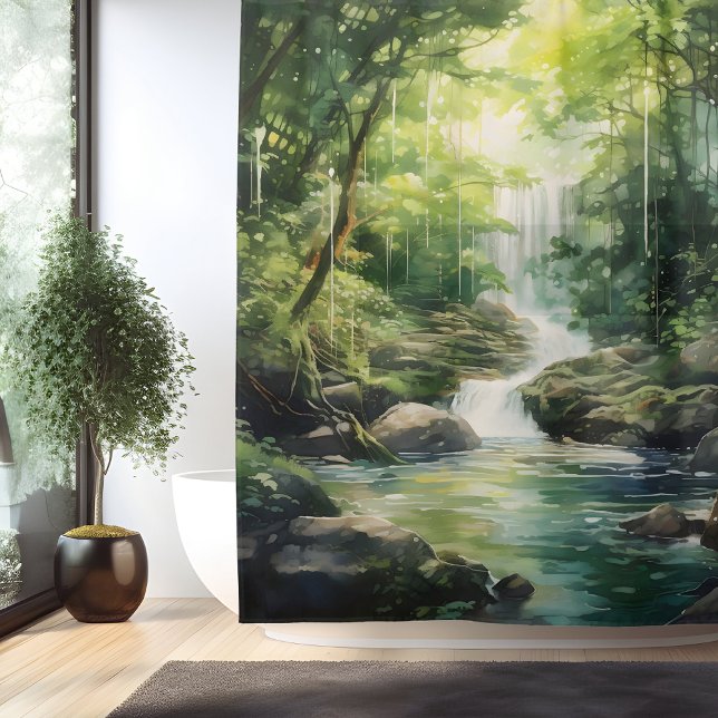 Watercolor Mystic Forest Waterfall Shower Curtain (Creator Uploaded)