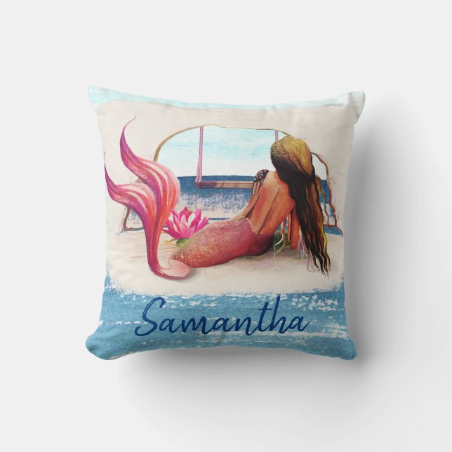 Watercolor Name Beach Mermaid African American Cushion (Front)