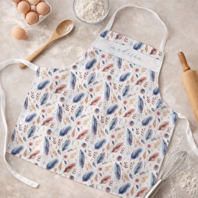 Watercolor Name Boho Feather Floral Personalised Apron (Creator Uploaded)