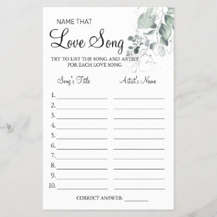 Watercolor  Name that love song shower game card
