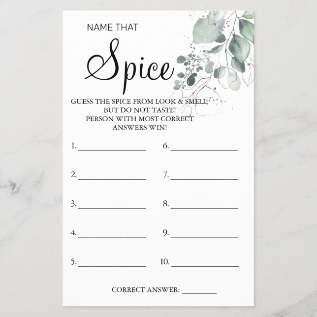 Watercolor Name that Spice Bridal shower game card (Front)