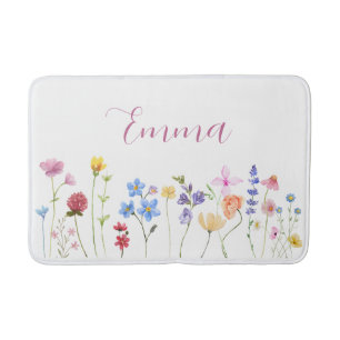 Watercolor Name Wildflower Minimalistic Boho Bath Mat