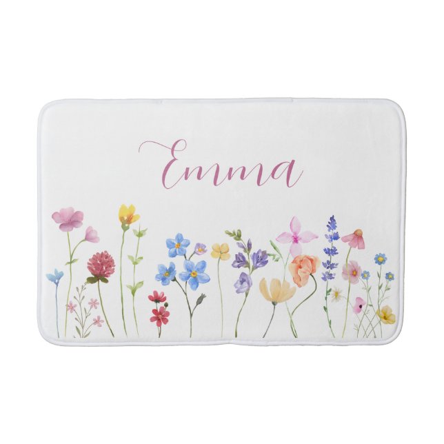 Watercolor Name Wildflower Minimalistic Boho  Bath Mat (Front)