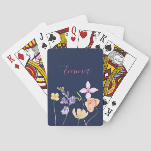 Watercolor Name Wildflower Navy Blue Playing Cards