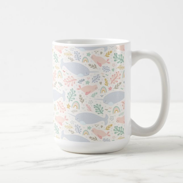 Watercolor Narwhal & Seal Pattern Coffee Mug (Right)