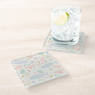 Watercolor Narwhal & Seal Pattern Glass Coaster