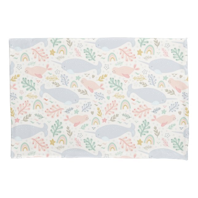 Watercolor Narwhal & Seal Pattern Pillowcase (Front-Left)