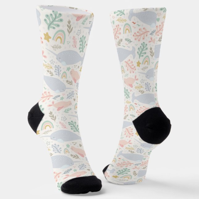 Watercolor Narwhal & Seal Pattern Socks (Angled)