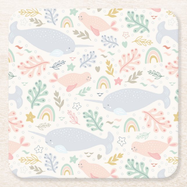 Watercolor Narwhal & Seal Pattern Square Paper Coaster (Front)