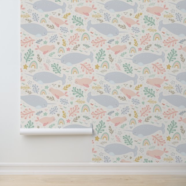 Watercolor Narwhal & Seal Pattern Wallpaper (Application)