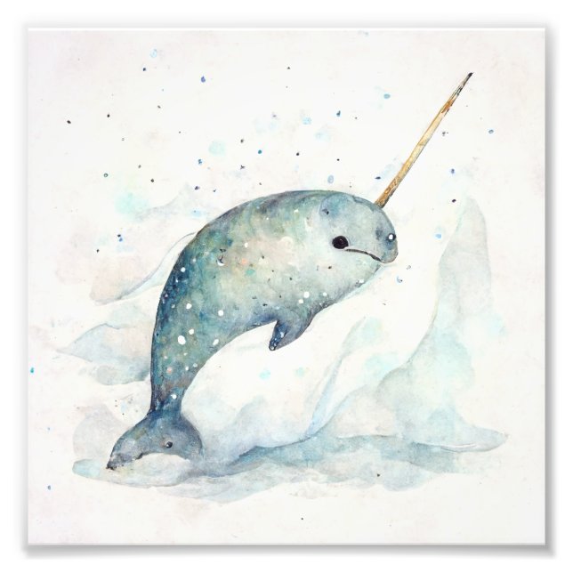 watercolor narwhal, snowy background photo print (Front)