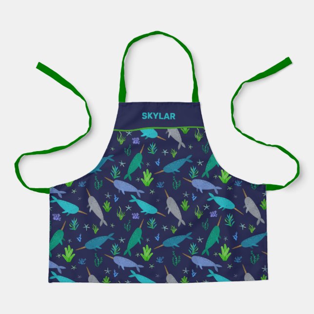 Watercolor Narwhals Under The Sea Gold Kids Apron (Front)