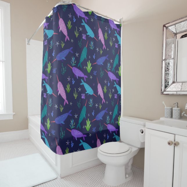 Watercolor Narwhals Under The Sea Gold Shower Curtain (In Situ)