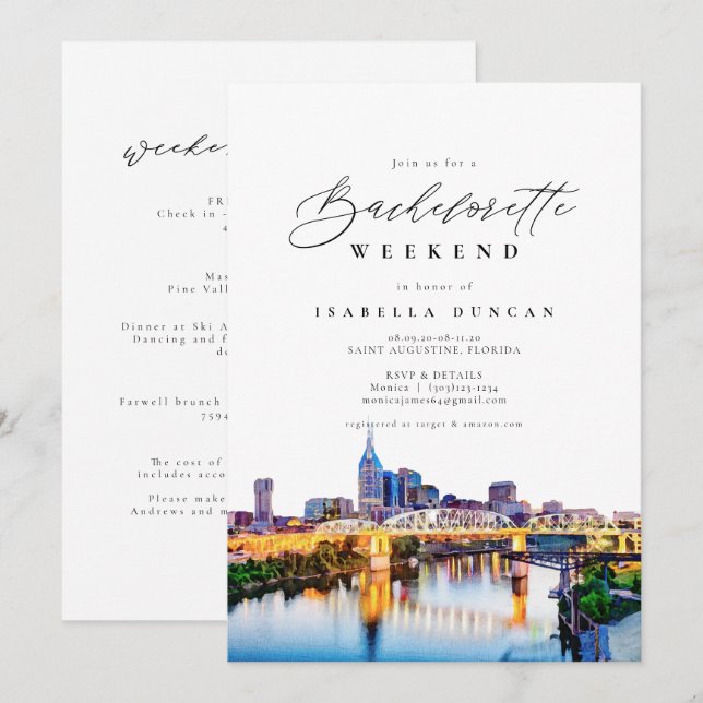 Watercolor Nashville Bachelorette Itinerary and Invitation (Front/Back)