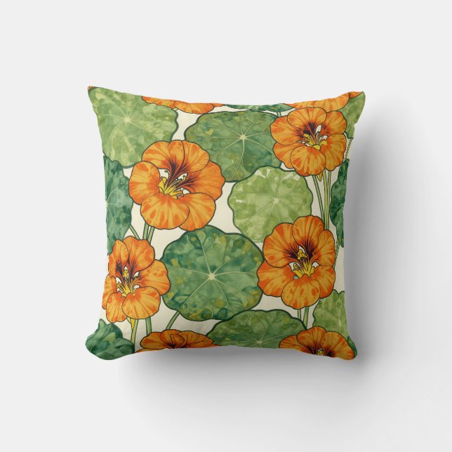 Watercolor Nasturtium Floral Pattern Cushion (Front)