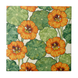 Watercolor Nasturtium Floral Pattern Tile