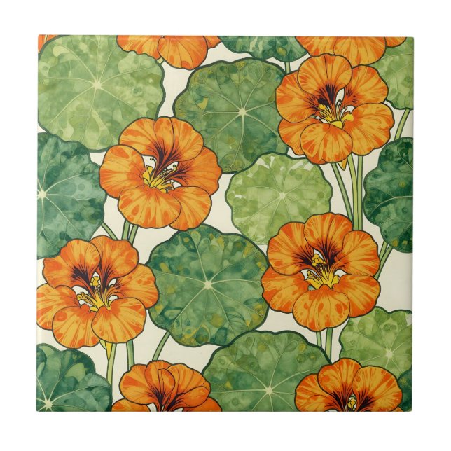 Watercolor Nasturtium Floral Pattern Tile (Front)
