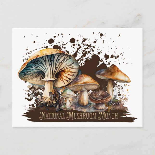 Watercolor National Mushroom Month Postcard (Front)