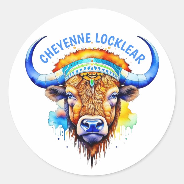 Watercolor Native American Bison Indian Headdress Classic Round Sticker (Front)