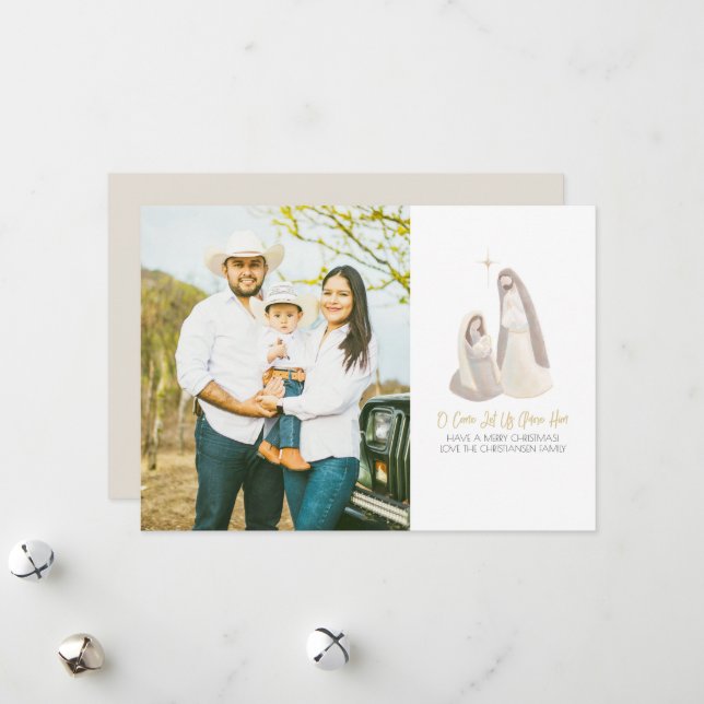 Watercolor Nativity 1 Photo Flat  Holiday Card (Front/Back In Situ)