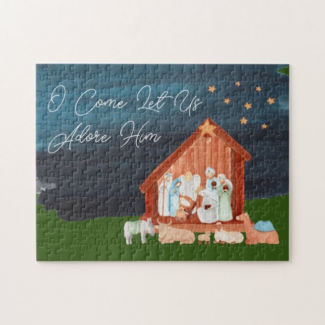Watercolor Nativity Adore Him Religious Holiday  Jigsaw Puzzle (Horizontal)
