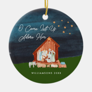 Watercolor Nativity Adore Him Scripture Religious  Ceramic Tree Decoration