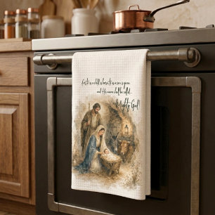 Watercolor Nativity Baby Jesus Mighty God Tea Towel