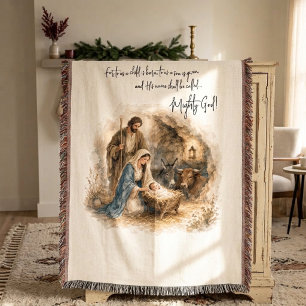 Watercolor Nativity Baby Jesus Mighty God Throw Blanket