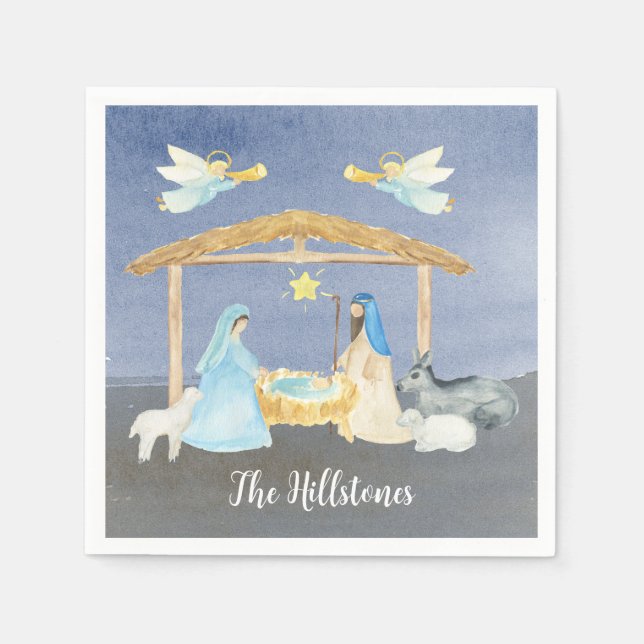 Watercolor Nativity Christmas Napkin (Front)