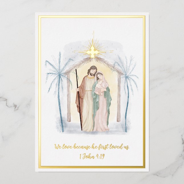 Watercolor nativity custom Christmas Foil Holiday Card (Front)