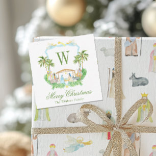 Watercolor Nativity Monogram Crest Christmas Card