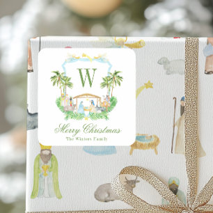 Watercolor Nativity Monogram Crest Christmas Square Sticker