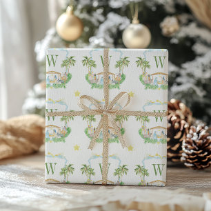 Watercolor Nativity Monogram Crest Christmas Wrapping Paper