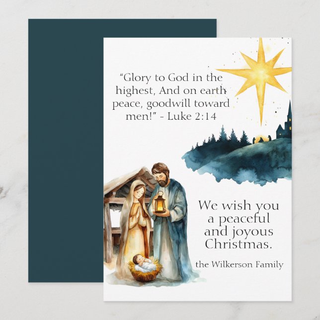 Watercolor Nativity Scene and Christmas Prayer Holiday Card (Front/Back)