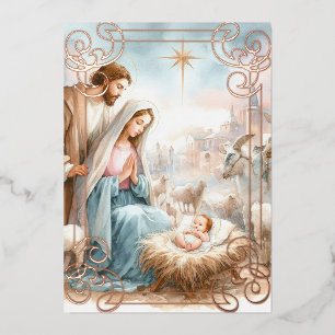 Watercolor Nativity Scene Foil Holiday Card