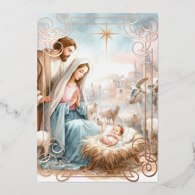 Watercolor Nativity Scene Foil Holiday Card (Front)