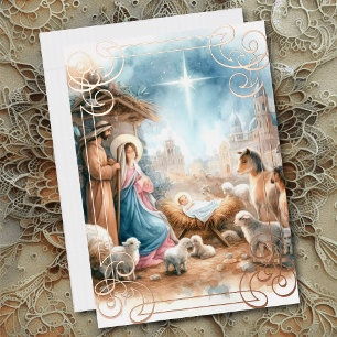 Watercolor Nativity Scene Foil Holiday Card