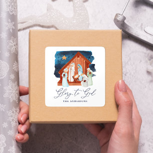 Watercolor Nativity Scene Glory to God Square Sticker