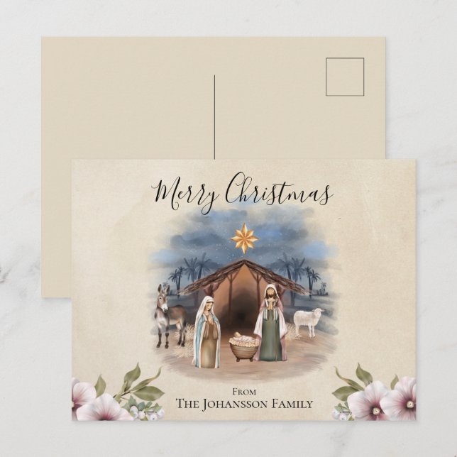 Watercolor Nativity Scene Holiday Postcard (Front/Back)
