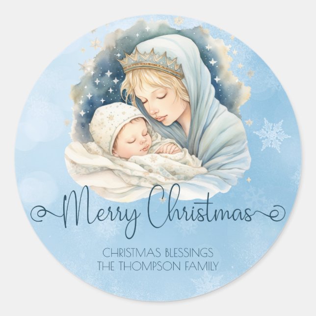 Watercolor Nativity Scene Religious Christmas Classic Round Sticker (Front)