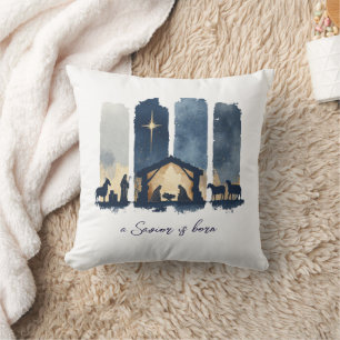 Watercolor Nativity Scene Religious Holiday Cushion