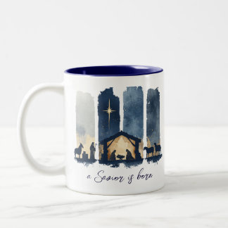 Watercolor Nativity Scene Religious Holiday  Two-Tone Coffee Mug