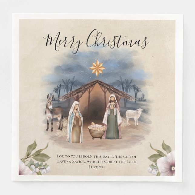 Watercolor Nativity Scene with Bible Quote Napkin (Front)
