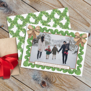 Watercolor Natural Burlap Bow Garland Photo Holiday Card